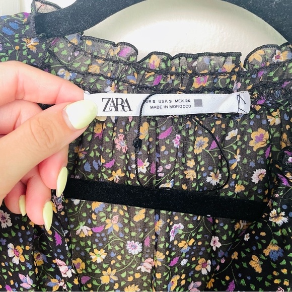 Zara Black Floral Long Sleeve Babydoll Mini Dress - Picture 2 of 10